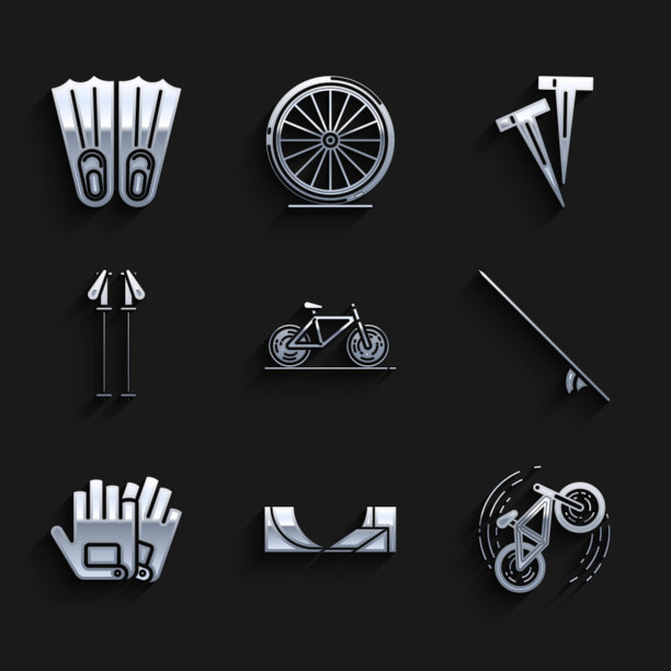 设置自行车，滑板公园，把戏，冲浪板，手套，滑雪杆，帐篷和橡胶脚蹼游泳图标的钉子。向量图片下载