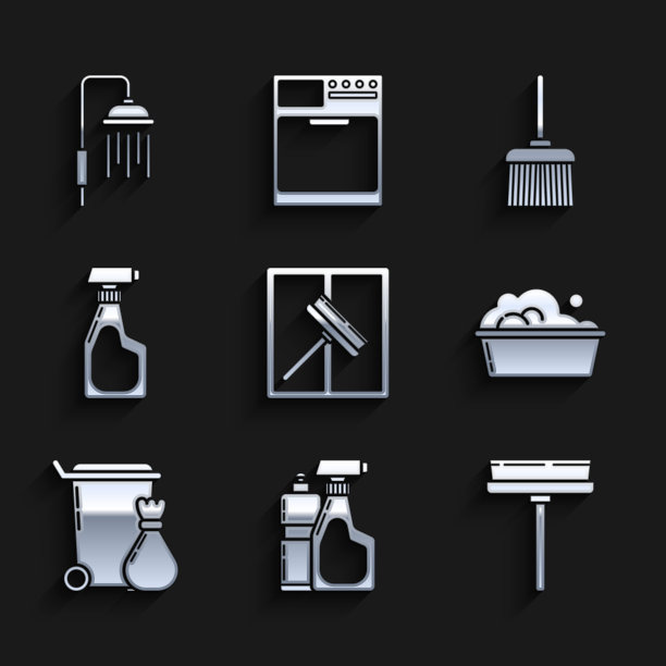 设置有刮板、刮板、刮水器、洗洁精塑料瓶、肥皂水盆子、垃圾桶、清洁喷雾清洁剂、扫帚柄、淋浴头水珠流动图标。向量图片下载