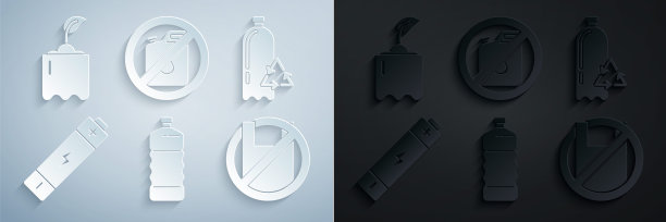 设置塑料瓶，回收塑料，电池，对袋说不海报，没有汽油罐和Sprout图标。向量图片下载