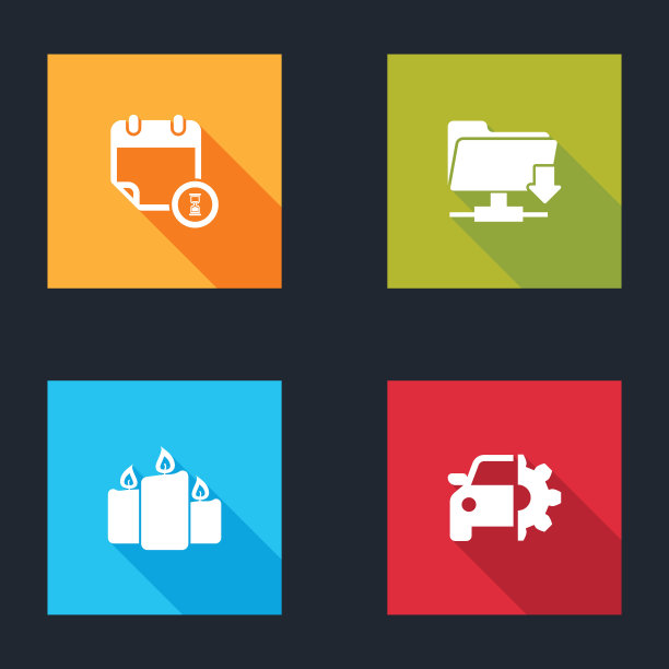 设置日历和时钟，FTP文件夹下载，燃烧蜡烛和汽车服务图标。向量图片下载