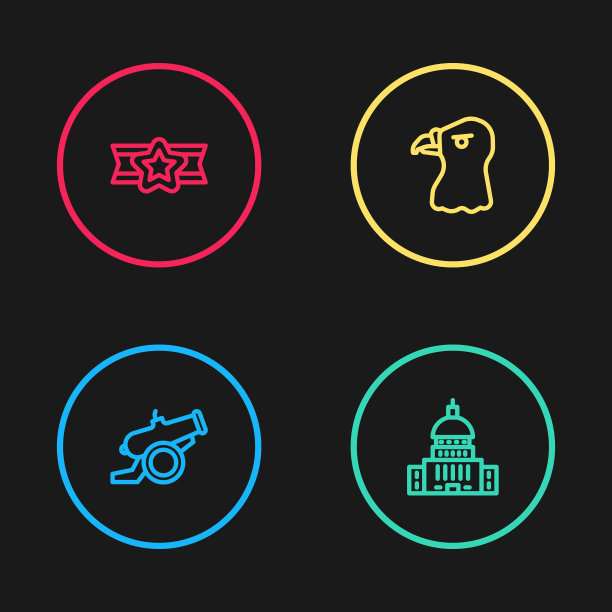 设置了大炮，白宫，鹰头和明星美国军事图标。向量图片下载