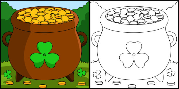 圣帕特里克日壶金色着色页矢量图片下载
