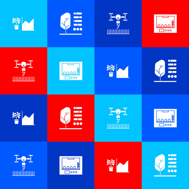 设置花卉统计，植物状态，智能农场与无人机和孵化器鸡蛋图标。向量图片下载