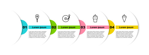 集彩带气球，乙烯基播放机磁盘，冰淇淋华夫筒和。业务信息模板。向量图片下载