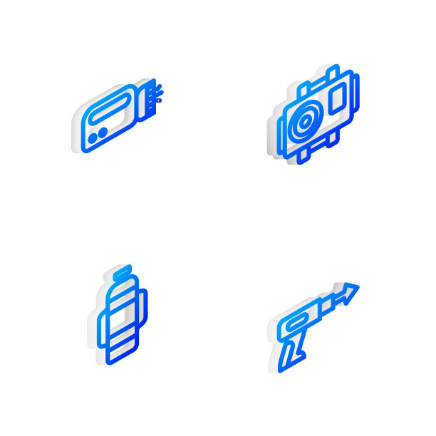 设置等距线摄影相机潜水员，手电筒，水龙和鱼叉图标。向量图片下载