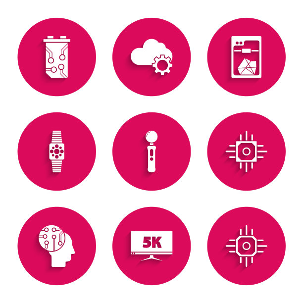 设置手柄，显示器5k视频，处理器，人脑为数字电路板，智能手表，3D打印机和视频显卡图标。向量图片下载