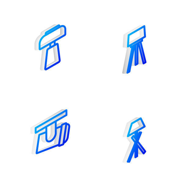 设置等距线落地灯，桌子，Led轨道灯和灯具图标。向量图片下载