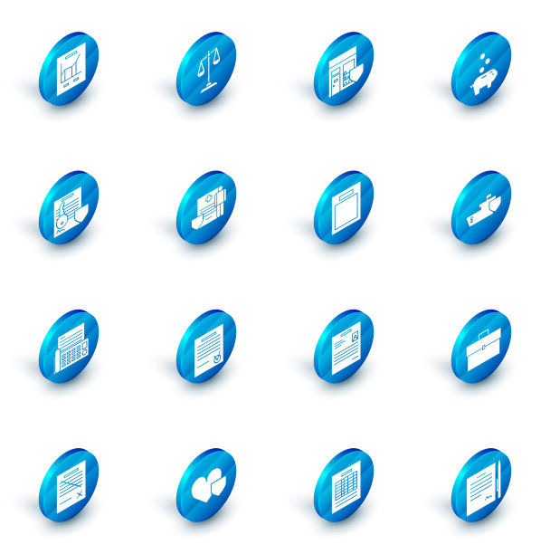 设置公正的天平，购物大楼与盾，储蓄罐硬币，文件钥匙，传真机，医疗剪贴板临床记录，船舶和空的形式图标。向量图片下载