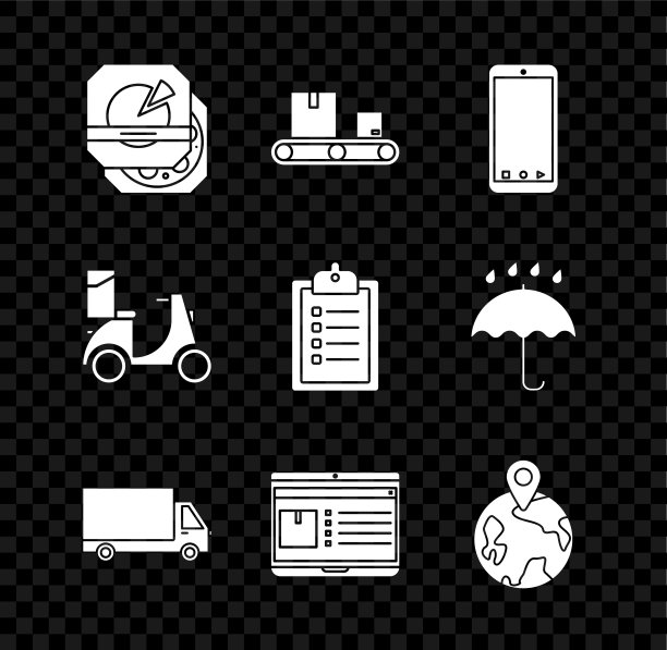 设置比萨饼纸箱，传送带，手机应用程序送货跟踪，送货卡车车辆，笔记本电脑，全球，滑板车和验证列表剪贴板图标。向量图片下载