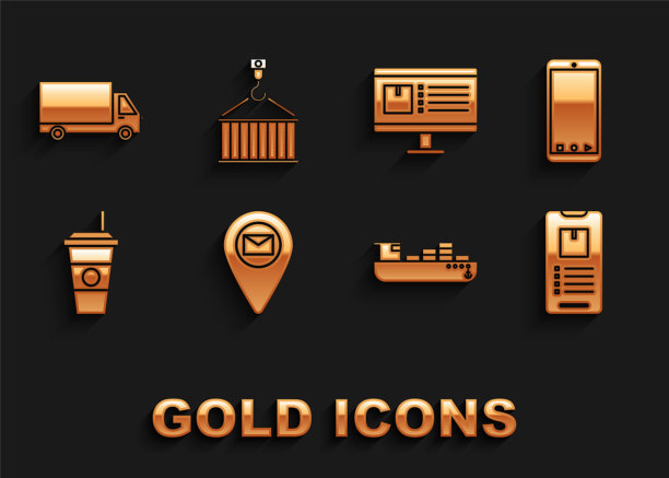 在地图纸上设置占位符，手机应用程序投递跟踪，货轮箱服务，咖啡杯，电脑显示器，货运卡车车辆和集装箱起重机图标。向量图片下载