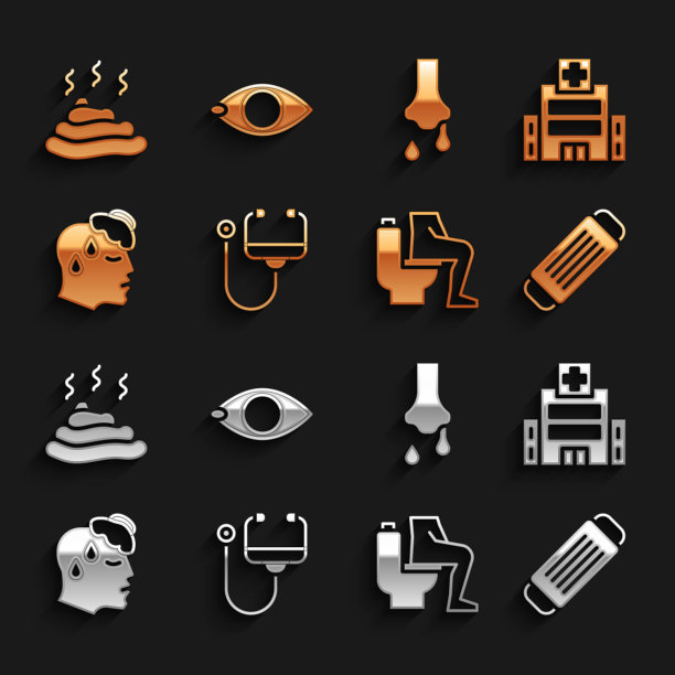 设置听诊器、医院大楼、防护口罩、便秘、高体温、流鼻涕、大便、失明图标。向量图片下载
