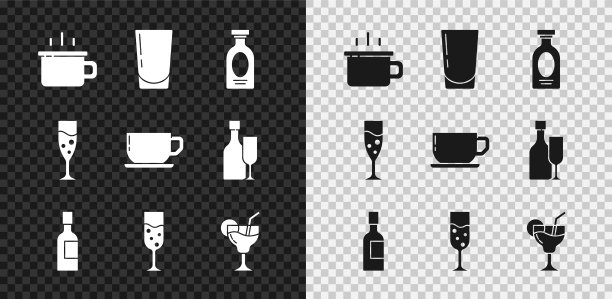 设置咖啡杯，杯子与水，酒精饮料朗姆酒，香槟瓶，香槟，鸡尾酒，和图标。向量图片下载