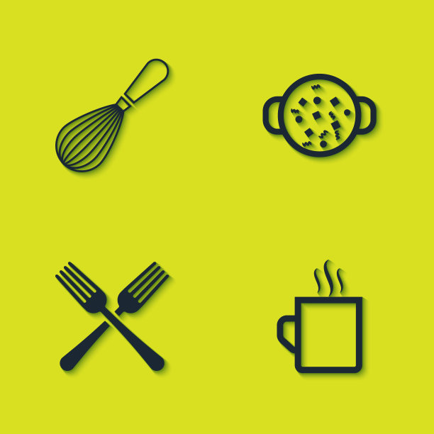 设置厨房打蛋器，咖啡杯，交叉叉和煮汤在锅图标。向量图片下载