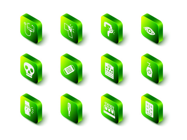 设置关节疼痛，膝盖疼痛，肠便秘，红眼睛，液体抗菌肥皂，药丸水泡包，视力测试表，试管血液和医疗温度计图标。向量图片下载