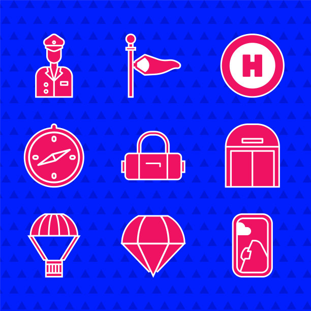 设置行李箱，降落伞，飞机窗口，飞机库，盒子在降落伞上飞行，指南针，直升机着陆平台和飞行员图标。向量图片下载