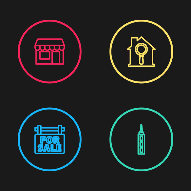 设置线悬挂标志出售，摩天大楼，搜索房子和市场商店图标。向量图片下载