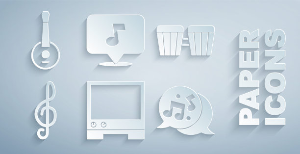 设置语音助手，鼓，高音谱号，乐谱，音调和班卓琴图标。向量图片下载