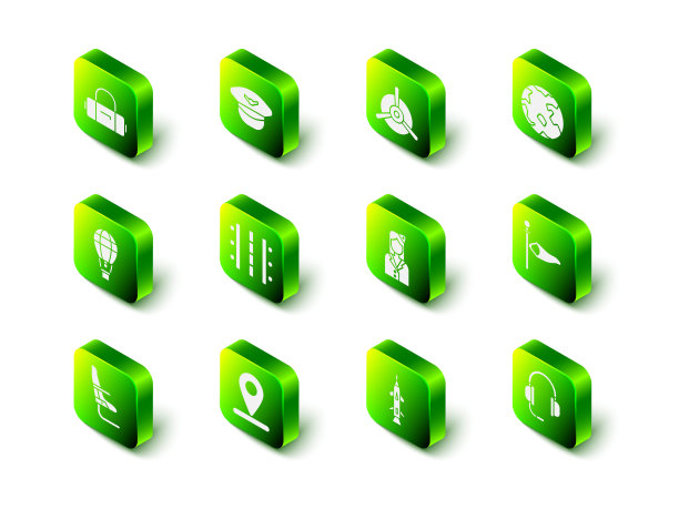 设置飞行员帽子，飞机螺旋桨，全球，锥形气象风向标，耳机与麦克风，空中小姐，火箭和位置图标。向量图片下载