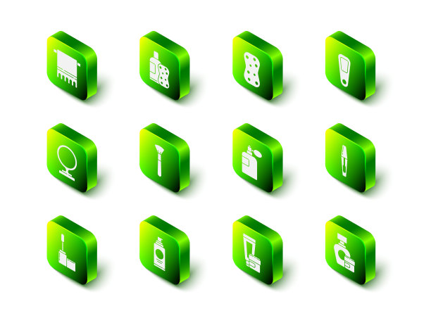 洗发水和海绵的瓶子，海绵泡沫，手镜，睫毛膏刷，护肤霜化妆品管，香水和喷雾罐的图标。向量图片下载