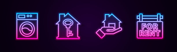 设置线洗衣机，房子与钥匙，房地产经纪人和悬挂标志出租。发光的霓虹灯图标。向量图片下载