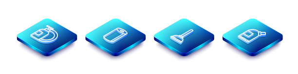 设置等距线洗碗液瓶和盘，纸巾卷，橡胶柱塞和清洗剂瓶图标。向量图片下载