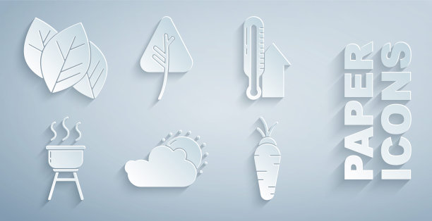 设置太阳和云天气，气象温度计，烧烤烧烤，胡萝卜，叶子和图标。向量图片下载