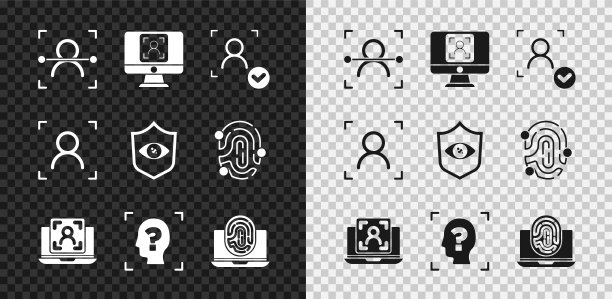设置面部识别、带面部的笔记本电脑、指纹和屏蔽眼扫描图标。向量图片下载
