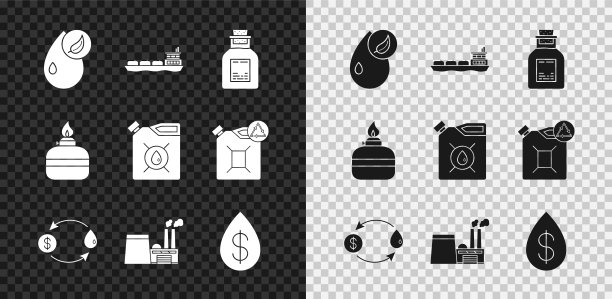 集生物燃料、油船、汽油试管、交易所、工业厂房、滴用美元、酒精燃烧器和汽机油罐图标。向量图片下载