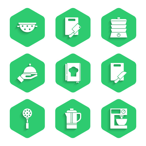 设置烹饪书，茶壶，电动搅拌器，砧板和刀，抹刀，覆盖托盘，慢炖锅和厨房滤锅图标。向量图片下载