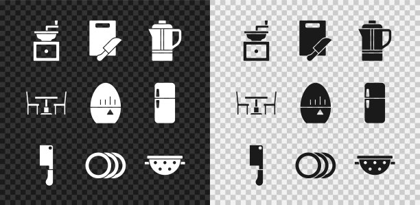设置手动咖啡研磨机，切菜板和刀，茶壶，肉菜刀，盘子，厨房滤器，木桌与椅子和定时器图标。向量图片下载