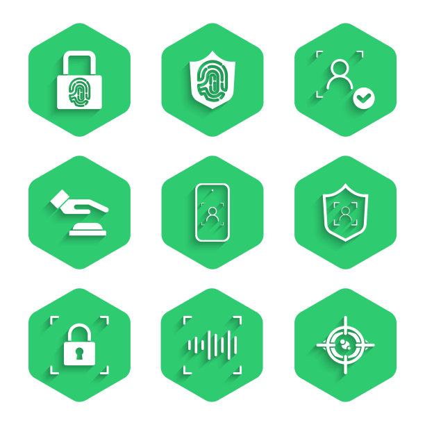 设置手机和人脸识别，声音，眼睛扫描，盾牌，指纹锁定，手掌，脸和图标。向量图片下载