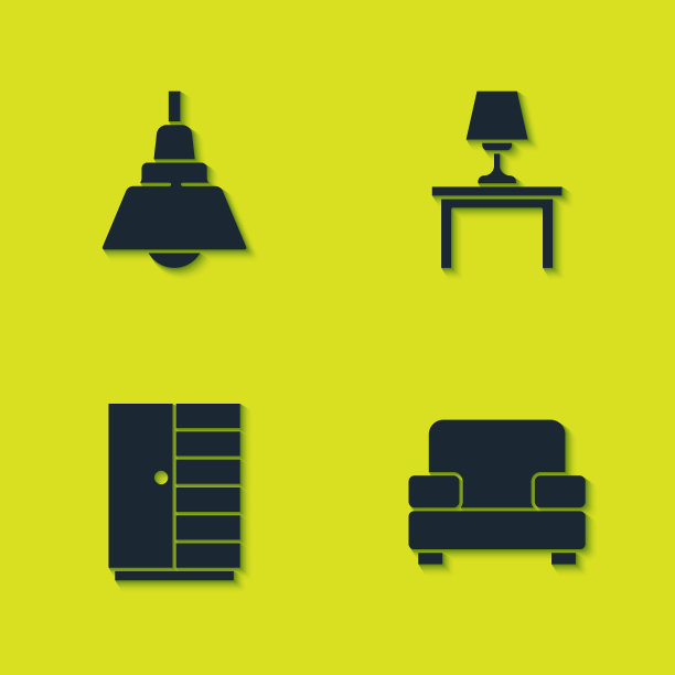 在桌子图标上设置吊灯、扶手椅、衣柜和台灯。向量图片下载