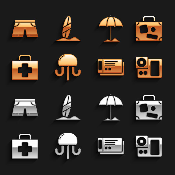 水母，旅行箱，相机，旅游票，急救箱，沙滩遮阳伞，泳裤，冲浪板图标。向量图片下载