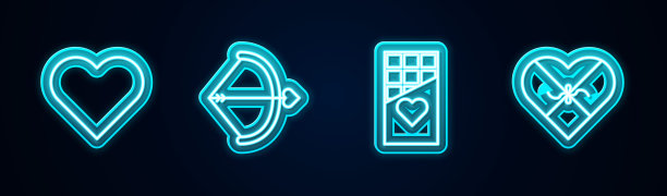 心，弓和箭，巧克力棒和糖果在心脏形状的盒子。发光的霓虹灯图标。向量图片下载