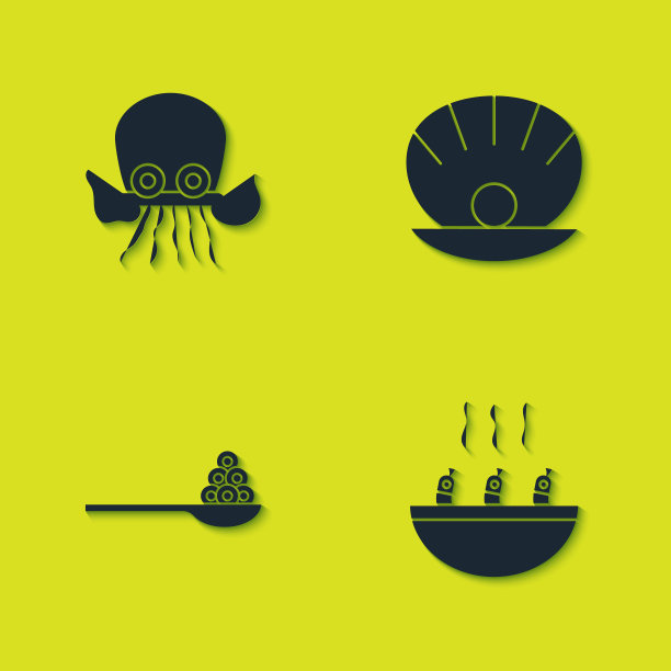 设置章鱼，虾汤，鱼子酱汤匙和贝壳珍珠图标。向量图片下载