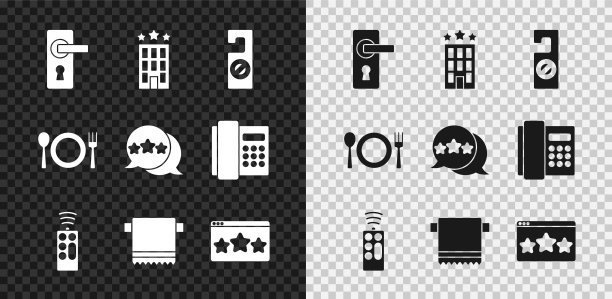 设置门把手、酒店大厦、请勿打扰、遥控器、毛巾架、五星点评、餐盘、刀叉、图标。向量图片下载