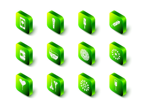 设置卡拉ok麦克风，冰淇淋，烟火火箭，香槟，披萨，和飞镖箭头图标。向量图片下载