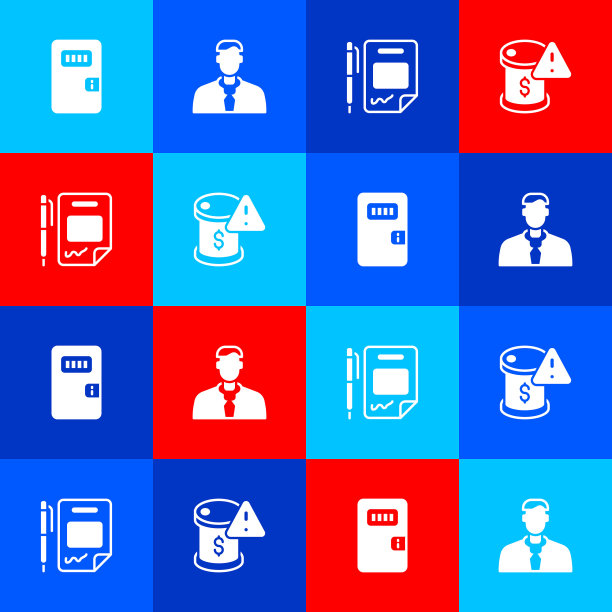 设置监狱牢房门，工人，合同钱和笔，降低原油价格图标。向量图片下载