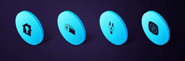 设置等距位置与叶片，电插头，太阳能电池板和智能住宅和灯泡图标。向量图片下载