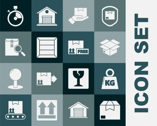 设置纸箱纸箱，重量，送货手与盒，木制，信封放大镜，快速送货和纸板免费符号图标。向量图片下载