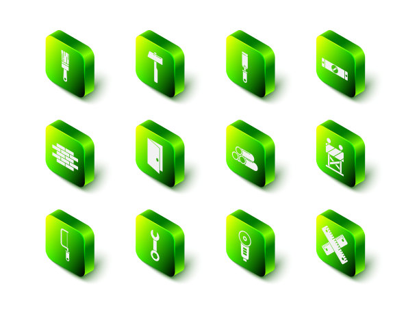 设置锤子，锉刀，施工气泡水平，道路障碍，交叉尺，工业金属管，角磨床和扳手扳手图标。向量图片下载