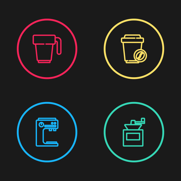 设置直线咖啡机，手动咖啡研磨机，咖啡杯去和图标。向量图片下载