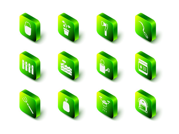 设置花盆，木斧，镰刀，装满植物种子，农场房子，洒水罐，智能农场无人机和满袋图标。向量图片下载