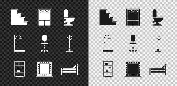 设置楼梯，衣柜，抽水马桶，图书馆书架，化妆镜与灯，床，淋浴和办公室椅子图标。向量图片下载