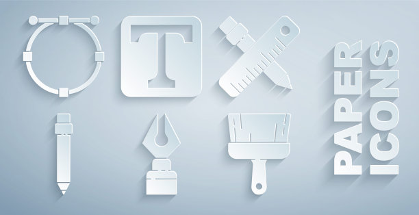 设置喷泉钢笔笔尖，交叉尺和铅笔，铅笔与橡皮擦，油漆刷，文本和圆形贝塞尔曲线图标。向量图片下载