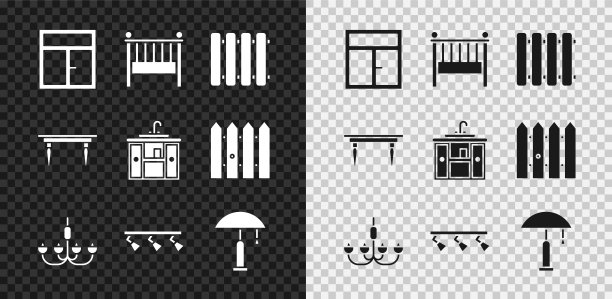 设置在房间的窗户，婴儿床摇篮床，暖气散热器，吊灯，Led轨道灯，桌子，木制桌子和洗脸盆柜与水龙头图标。向量图片下载