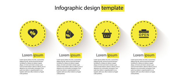 设置折扣百分比标签在心脏，，购物篮和建设和开放。业务信息模板。向量图片下载