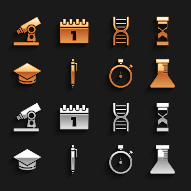 设置笔，旧沙漏与沙子，试管烧瓶，秒表，毕业帽，DNA符号，显微镜和日历第一个九月日期图标。向量图片下载