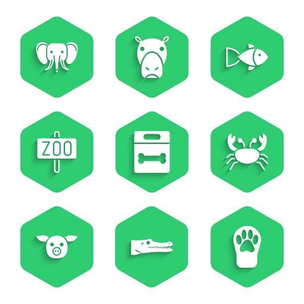 设置狗骨，鳄鱼，爪印，螃蟹，猪，动物园公园，鱼和大象的图标。向量图片下载