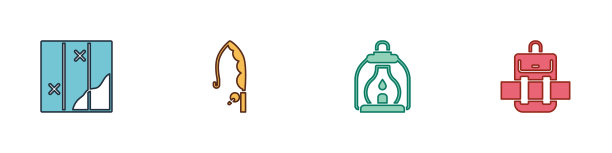 设置折叠地图，鱼竿，野营灯和徒步旅行背包图标。向量图片下载